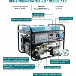 KÖNNER & SÖHNEN 8000 Watt Benzin E-start Stromerzeuger, 1x16A (230V), 1x32A (230V), 12V, ATS Notstromautomatik, Automatischer Voltregler(AVR), Anzeige (Volt, Hz, Arbeitszeit), KS 10000E ATS, Generator, 100% Kupfer -Deutschland Stromerzeuger & Zubehör Verkaufs-Shop 8905425 4